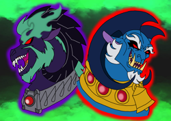 Size: 1414x1000 | Tagged: safe, artist:melspyrose, artist:zetikoopa, derpibooru import, grogar, oc, oc:draven la fay/no heart, sheep, evil laugh, evil smile, fangs, laughing, male, ram, smiling