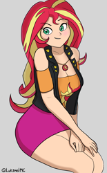 Size: 1335x2160 | Tagged: safe, artist:lukamelmc, derpibooru import, sunset shimmer, human, equestria girls, g4, female, geode of empathy, gray background, human coloration, magical geodes, simple background, solo