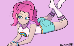 Size: 3456x2160 | Tagged: safe, artist:lukamelmc, derpibooru import, pinkie pie, human, equestria girls, g4, ass, balloonbutt, blushing, butt, camp everfree outfits, clothes, feet, high res, human coloration, lying down, messy hair, messy mane, missing shoes, pink background, prone, shorts, simple background, socks, solo, stocking feet, the pose, wristband