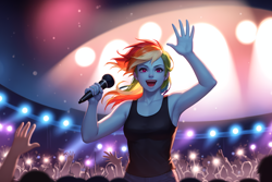 Size: 3072x2048 | Tagged: safe, ai content, derpibooru import, machine learning generated, rainbow dash, human, crowd, female, singing, solo focus, stage