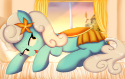 Size: 1756x1118 | Tagged: safe, artist:spoonie, derpibooru import, serena, pony, bedroom, bedroom eyes, female, flower, flower in hair, lying down, mare, saddle, solo, tack