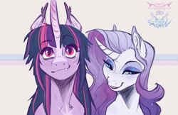 Size: 2048x1325 | Tagged: safe, artist:earthnashes, derpibooru import, rarity, twilight sparkle, twilight sparkle (alicorn), alicorn, pony, unicorn, g4, blaze (coat marking), bust, coat markings, duo, duo female, eyebrows, eyebrows visible through hair, eyeshadow, facial markings, fangs, female, horn, lesbian, makeup, mare, rarilight, shipping, smiling