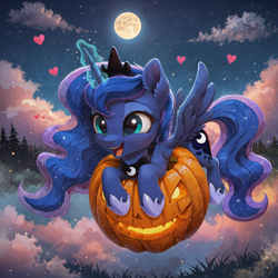 Size: 2048x2048 | Tagged: safe, ai content, derpibooru import, generator:pony diffusion v6 xl, generator:stable diffusion, machine learning generated, princess luna, alicorn, pony, g4, cloud, female, filly, flying, foal, heart, magic, magic aura, moon, open mouth, prompter:venisoncreampie, pumpkin, smiling, solo, wholesome