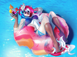 Size: 1280x960 | Tagged: safe, artist:br0via, derpibooru import, oc, oc only, oc:akria, anthro, plantigrade anthro, alcohol, bikini, breasts, clothes, drink, female, inner tube, pool toy, solo, sunlight, swimming pool, swimsuit, water