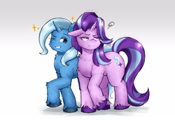 Size: 3072x2097 | Tagged: safe, artist:chinmissouri, derpibooru import, starlight glimmer, trixie, pony, unicorn, g4, annoyed, chest fluff, duo, duo female, ears, eye clipping through hair, eyebrows, eyebrows visible through hair, female, floppy ears, grin, horn, one eye closed, raised hoof, raised leg, smiling, sparkles, unamused, unshorn fetlocks, wink