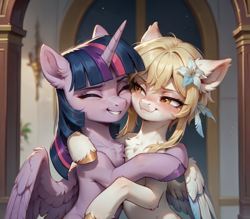 Size: 1792x1568 | Tagged: safe, ai content, derpibooru import, machine learning generated, pony, anonymous prompter, blushing, crossover, duo, generator:autismmix confetti, genshin impact, hug, lumine (genshin impact), ponified, smiling, species swap