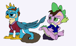 Size: 1068x650 | Tagged: safe, artist:mojo1985, derpibooru import, gallus, spike, oc, dragon, griffon, human, g4, age regression, clothes, duo, duo male, hoodie, human oc, human to dragon, human to griffon, lidded eyes, male, mid-transformation, pants, simple background, sitting, spike is not amused, transformation, unamused, white background, younger