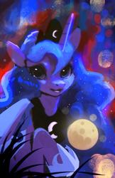 Size: 1500x2312 | Tagged: safe, artist:hierozaki, derpibooru import, princess luna, alicorn, pony, g4, bust, cute, female, looking at you, lunabetes, mare, moon, open mouth, open smile, smiling, smiling at you, solo