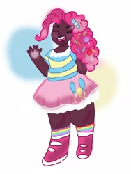 Size: 3024x4032 | Tagged: safe, artist:charponyva, derpibooru import, pinkie pie, human, boots, clothes, dark skin, dress, eyes closed, female, humanized, open mouth, rainbow socks, shoes, socks, solo, striped socks, waving