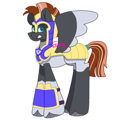 Size: 2048x2048 | Tagged: safe, artist:femurthechangeling, derpibooru import, oc, oc only, oc:vanilla dusk, pegasus, pony, g4, armor, body markings, coat markings, colored wings, guard, helmet, looking at you, male, multicolored wings, pegasus oc, ponytail, royal guard, royal guard armor, signature, simple background, simple shading, smiling, smiling at you, socks (coat marking), solo, spread wings, transparent background, wings