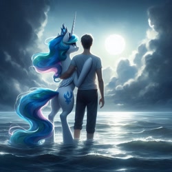 Size: 1024x1024 | Tagged: safe, ai content, derpibooru import, generator:bing image creator, generator:dall-e 3, machine learning generated, princess celestia, alicorn, human, pony, g4, anonymous prompter, cloud, crepuscular rays, crown, duo, female, jewelry, male, mare, ocean, regalia, standing, water, wrong cutie mark