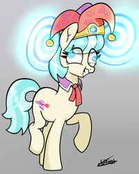 Size: 1600x2000 | Tagged: safe, artist:lebatoman, derpibooru import, coco pommel, earth pony, pony, g4, brainwashing, forced smile, hat, jester hat, mind control, smiling, solo, swirly eyes