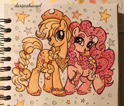 Size: 3072x2630 | Tagged: safe, artist:dariarchangel, derpibooru import, applejack, pinkie pie, earth pony, pony, g4, pinkie apple pie, alternate cutie mark, alternate design, alternate hairstyle, applejack's hat, bracelet, braid, braided tail, clothes, cousins, cowboy hat, curly hair, curly mane, cute, diapinkes, duo, duo female, family, female, food, freckles, friendship bracelet, hat, hug, jackabetes, jewelry, photo, pigtails, raised hoof, raised leg, sketchbook, smiling, sprinkles, stars, tail, traditional art, unshorn fetlocks