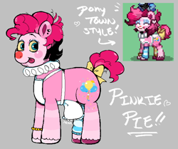 Size: 716x600 | Tagged: safe, artist:dsstoner, pinkie pie, earth pony, pony, apron, bow, bracelet, clothes, clown makeup, confetti, cutie mark, jewelry, leg warmers, piercing, pony town, redesign, sideburns, stubble, tail, tail bow, tongue, tongue out