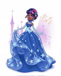 Size: 1638x2048 | Tagged: safe, artist:egitojuniior, derpibooru import, twilight sparkle, human, g4, the best night ever, bare shoulders, canterlot castle, castle, clothes, dark skin, dress, ear piercing, earring, evening gloves, female, gala dress, gloves, humanized, jewelry, lipstick, long gloves, looking at you, piercing, sleeveless, smiling, solo