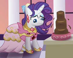 Size: 3500x2763 | Tagged: safe, artist:sweetielover, derpibooru import, rarity, pony, unicorn, g4, atg 2024, castle, chocolate, clothes, costume, dress, ear piercing, earring, female, food, fountain, high res, horn, jewelry, looking down, newbie artist training grounds, piercing, solo, stain, table, window, worried
