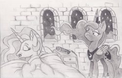 Size: 2000x1277 | Tagged: safe, artist:nedemai, derpibooru import, princess celestia, princess luna, alicorn, pony, g4, alarm clock, atg 2024, bed, clock, duo, duo female, eyes closed, female, frown, grayscale, in bed, lidded eyes, luna is not amused, mare, monochrome, newbie artist training grounds, pencil drawing, royal sisters, siblings, sisters, sleeping, traditional art, unamused