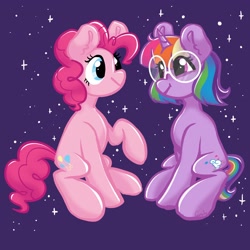 Size: 2048x2048 | Tagged: safe, artist:cupute, derpibooru import, pinkie pie, rainbow dash, twilight sparkle, oc, oc:rainbow sparkle (fusion), unicorn, alternate design, alternate hairstyle, alternate timeline, backstory in description, bobcut, cloud, curly hair, curly mane, cute, cutie mark, diapinkes, duo, duo female, female, full body, fusion, fusion:rainbow dash, fusion:twilight sparkle, glasses, horn, lore, multicolored hair, pink body, pink mane, purple background, rainbow hair, raised hoof, raised leg, reference sheet, short hair, short tail, simple background, sitting, sparkles, tail