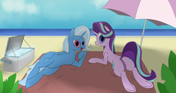 Size: 4096x2160 | Tagged: safe, artist:suryfromheaven, derpibooru import, starlight glimmer, trixie, pony, unicorn, g4, beach, beach umbrella, cooler, duo, duo female, female, horn, looking at you, looking back, rear view, sand, towel