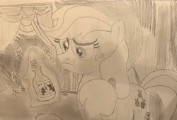 Size: 3316x2242 | Tagged: safe, artist:mlpfantealmintmoonrise, derpibooru import, applejack, earth pony, g4, leap of faith, atg 2024, bottle, cork, curtains, doubt, female, frown, glass bottle, holding, irl, mare, monochrome, newbie artist training grounds, photo, picture, scene interpretation, simple background, solo