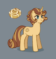 Size: 1814x1917 | Tagged: safe, artist:ywra_a, derpibooru import, oc, oc only, oc:cinnamon swirl, pony, unicorn, cinnamon bun, female, food, gray background, horn, mare, simple background, smiling, solo, standing