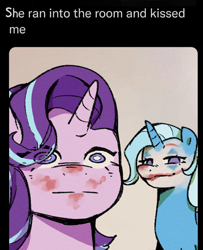 Size: 734x902 | Tagged: safe, artist:ywra_a, artist:ywraa, derpibooru import, starlight glimmer, trixie, pony, unicorn, blank stare, duo, duo female, english, female, horn, kiss mark, lesbian, lipstick, makeup, mare, meme, ponified, ponified meme, shipping, smiling, smirk, startrix, text