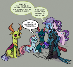 Size: 1985x1841 | Tagged: safe, artist:ywra_a, derpibooru import, ocellus, pharynx, queen chrysalis, starlight glimmer, thorax, trixie, changedling, changeling, changeling queen, pony, unicorn, angry, board game, brothers, changedling brothers, dialogue, female, horn, king thorax, mare, prince pharynx, siblings, simple background