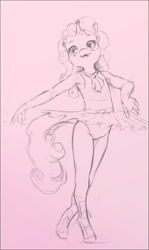 Size: 887x1487 | Tagged: safe, artist:starvingunicorn, derpibooru import, sweetie belle, anthro, unguligrade anthro, unicorn, g4, ballerina, ballet, ballet slippers, clothes, dancing, horn, monochrome, sketch, solo, tutu