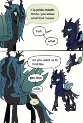 Size: 1120x1668 | Tagged: safe, artist:ywra_a, derpibooru import, queen chrysalis, changeling, changeling queen, ..., 2 panel comic, :3, changeling armor, changeling egg, comic, confused, dialogue, dot eyes, duo focus, eye contact, eyebrows, female, hoof hold, looking at each other, looking at someone, male, meme, open mouth, raised eyebrow, simple background, speech bubble, white background