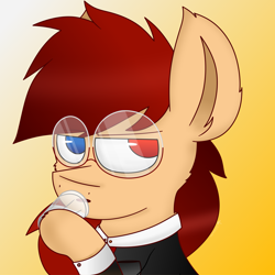 Size: 8000x8000 | Tagged: safe, artist:nhale, derpibooru import, oc, oc only, oc:zack_kanji, earth pony, big ears, big eyes, big hair, blue eyes, clothes, cup, ears, glasses, gradient background, heterochromia, male, milk, photo, red eyes, red hair, serious, solo, suit