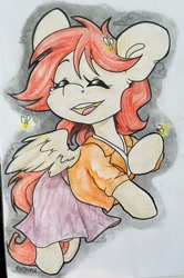 Size: 1358x2048 | Tagged: safe, artist:midnightpremiere, derpibooru import, oc, oc only, oc:firefly, firefly (insect), insect, pegasus, pony, clothes, colored pencil drawing, commission, eyes closed, female, jacket, mare, open mouth, open smile, skirt, smiling, solo, traditional art