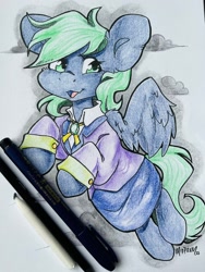 Size: 1536x2048 | Tagged: safe, artist:midnightpremiere, derpibooru import, oc, oc only, oc:emerald, pegasus, pony, clothes, colored pencil drawing, commission, female, flying, jacket, mare, open mouth, open smile, skirt, smiling, solo, traditional art