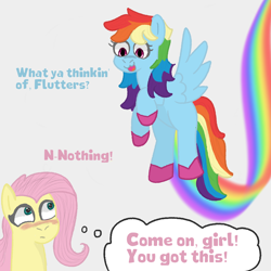 Size: 2000x2000 | Tagged: safe, artist:zoeyhorse, derpibooru import, fluttershy, rainbow dash, pegasus, pony, g4, blushing, comic, dialogue, doodle, duo, duo female, embarrassed, eyes closed, female, flutterdash, high res, lesbian, mare, open mouth, open smile, rainbow trail, remake, shipping, simple background, smiling, white background