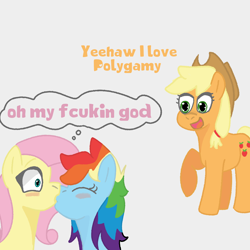 Size: 2000x2000 | Tagged: safe, artist:zoeyhorse, derpibooru import, applejack, fluttershy, rainbow dash, earth pony, pegasus, pony, g4, appledash, appleshy, comic, dialogue, doodle, eyes closed, female, flutterdash, high res, kiss on the lips, kissing, lesbian, mare, misspelling, polyamory, remake, shipping, simple background, thought bubble, trio, trio female, vulgar, white background