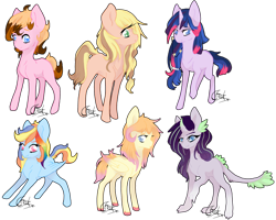 Size: 3599x2886 | Tagged: safe, artist:castaspellliana, derpibooru import, oc, oc only, dracony, earth pony, hybrid, pegasus, pony, unicorn, colored pupils, fangs, female, hair ornament, high res, horn, interspecies offspring, mare, multicolored hair, next generation, offspring, parent:applejack, parent:big macintosh, parent:caramel, parent:cheese sandwich, parent:flash sentry, parent:fluttershy, parent:pinkie pie, parent:rainbow dash, parent:rarity, parent:soarin', parent:spike, parent:twilight sparkle, parents:carajack, parents:cheesepie, parents:flashlight, parents:fluttermac, parents:soarindash, parents:sparity, rainbow hair, signature, simple background, transparent background, unnamed oc, unshorn fetlocks