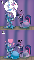 Size: 4088x7257 | Tagged: safe, artist:fancy_blue, derpibooru import, trixie, twilight sparkle, unicorn twilight, pony, unicorn, fanfic:sexier short stories with particularly pregnant ponies, g4, 2 panel comic, belly, belly button, big belly, cape, clothes, comic, commission, curtains, dust, ears, emanata, exclamation point, fetish, floating heart, floppy ears, frown, hat, heart, huge belly, hyper, hyper belly, hyper pregnancy, impossibly large belly, interrobang, magic, magic aura, no dialogue, outie belly button, pointy ponies, preglight sparkle, pregnancy transfer, pregnant, pregxie, question mark, smiling, stage, story included, surprised, trixie's cape, trixie's hat