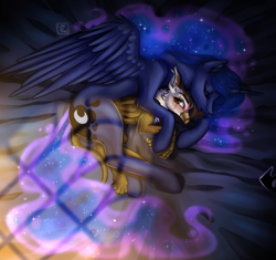 Size: 2415x2271 | Tagged: safe, artist:oniiponii, derpibooru import, princess luna, oc, oc:darien platecrête, alicorn, griffon, cuddling, female, interspecies, male, shipping, straight