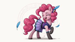 Size: 2560x1456 | Tagged: safe, ai content, derpibooru import, machine learning generated, pinkie pie, pony, g4, over a barrel, abstract background, clothes, dress, eyes closed, feather, feather in hair, female, fishnet clothing, fishnet stockings, generator:autismmix confetti, mare, open mouth, prompter:siber, raised hoof, raised leg, saloon dress, saloon pinkie, singing, solo, stockings, thigh highs