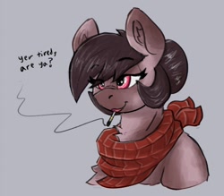 Size: 972x850 | Tagged: safe, artist:reddthebat, derpibooru import, oc, oc:number nine, earth pony, pony, bust, chest fluff, cigarette, dialogue, eye clipping through hair, eyebrows, eyebrows visible through hair, female, lidd, mare, smoking, solo