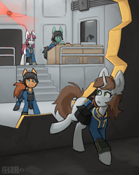 Size: 2008x2539 | Tagged: safe, artist:crashbrush, derpibooru import, oc, oc only, oc:littlepip, earth pony, pony, unicorn, fallout equestria, armor, bag, clothes, ear fluff, ears, full body, group, helmet, high res, horn, jumpsuit, looking at someone, overmare, pipbuck, quartet, run away, saddle bag, security, stable (vault), vault suit