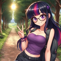Size: 1024x1024 | Tagged: source needed, safe, ai content, derpibooru import, generator:dall-e 3, machine learning generated, twilight sparkle, human, g4, anime, backpack, bare shoulders, blushing, clothes, cute, dirt road, female, generator:copilot, glasses, humanized, looking at you, nature, outdoors, peace sign, prompter needed, shorts, sleeveless, smiling, smiling at you, solo, sun, tree, tube top, twiabetes
