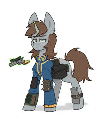 Size: 3000x3723 | Tagged: safe, artist:crashbrush, derpibooru import, oc, oc only, oc:littlepip, pony, unicorn, fallout equestria, armor, bag, clothes, ear fluff, ears, female, gun, high res, horn, jumpsuit, levitation, looking at you, magic, mare, pipbuck, saddle bag, simple background, solo, telekinesis, vault suit, weapon, white background