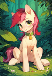 Size: 832x1216 | Tagged: safe, ai content, derpibooru import, generator:pony diffusion v6 xl, generator:stable diffusion, machine learning generated, roseluck, pony, collar, cute, fluffy, looking at you, pet tag, pony pet, prompter:doom9454, rosepet, sitting