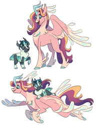 Size: 2199x2878 | Tagged: safe, artist:baylard, derpibooru import, princess cadance, oc, oc:mimic, alicorn, changepony, hybrid, pony, alternate design, duo, duo male and female, eyes closed, female, flying, interspecies offspring, male, mother and child, mother and son, offspring, open mouth, open smile, parent and child, parent:princess cadance, parent:queen chrysalis, parent:shining armor, parents:shining chrysalis, riding, simple background, smiling, spread wings, step-mother and step son, step-parent and step-child, white background, wings