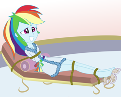 Size: 2500x2000 | Tagged: safe, artist:nie-martw-sie-o-mnie, derpibooru import, part of a set, rainbow dash, human, equestria girls, g4, bathrobe, bondage, clothes, dashsub, feather, feet, female, femsub, foot tickling, robe, rope, rope bondage, solo, spa, submissive, tickling, tied down