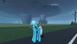 Size: 1858x1057 | Tagged: safe, derpibooru import, trixie, pony, unicorn, female, game screencap, horn, road, roblox, solo, tornado, twisted (game)