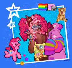 Size: 2002x1888 | Tagged: safe, artist:asimot2000, derpibooru import, pinkie pie, earth pony, human, pony, g4, clothes, cupcake, curly hair, dark skin, eeveelution, food, glasses, hoodie, humanized, nyan cat, solo, tanktop