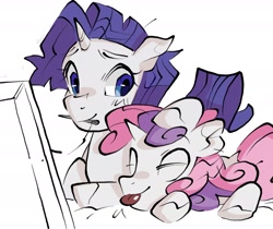 Size: 2359x1985 | Tagged: safe, artist:lound, derpibooru import, rarity, sweetie belle, pony, unicorn, g4, blue eyes, blush lines, blushing, duo, duo female, eyebrows, eyebrows visible through hair, eyes closed, female, filly, foal, hoof on head, horn, looking at someone, lying down, mare, mouth hold, needle, nose blush, pink tail, prone, purple mane, purple tail, shiny eyes, siblings, simple background, sisters, smiling, tail, tongue, tongue out, two toned mane, unicorn horn, unshorn fetlocks, white background, white coat