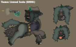 Size: 1440x888 | Tagged: safe, artist:thomas.senko, derpibooru import, oc, oc:thomas senko, cyclops, ghoul, pony, robot, robot pony, undead, unicorn, fallout equestria, angry, belt, cowboy, cowboy hat, fallout, gun, handgun, hat, horn, male, revolver, running, serious, smiling, weapon