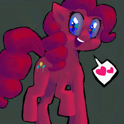 Size: 1920x1920 | Tagged: safe, artist:myosotis-secunda, artist:myosotissecunda, derpibooru import, pinkie pie, earth pony, pony, g4, 2022, big eyes, blue eyes, blue pupils, colored pupils, curly hair, curly mane, curly tail, desaturated, eyelashes, female, gray background, heart, heart eyes, looking back, mare, open mouth, open smile, pink coat, pink mane, pink tail, raised hoof, raised leg, shiny eyes, simple background, smiling, solo, speech bubble, spoken heart, tail, teeth, wingding eyes